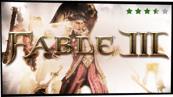 Screenshot depicting Fable III, with a score of 3.5 stars out of 5.