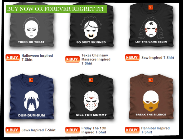 Screenshot showing the T-shirts being available for purchase from shotdeadinthehead.com.