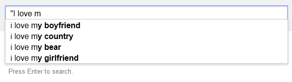 A screenshot depicting Google suggestions when entering the phrase, 'I love m'.