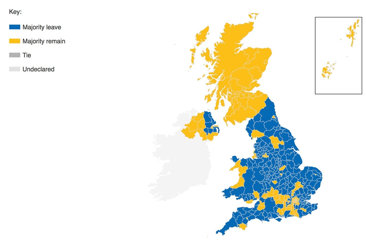 Map of the results of the British Eurpean Exit vote.